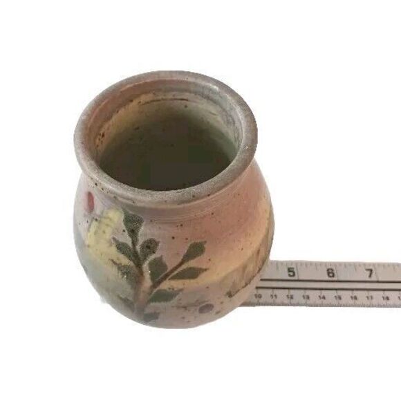 Bridget Hauser Signed Art Pottery Vase Pastels Pink Green Leaves Speckled 5"x 4" - Picture 12 of 13